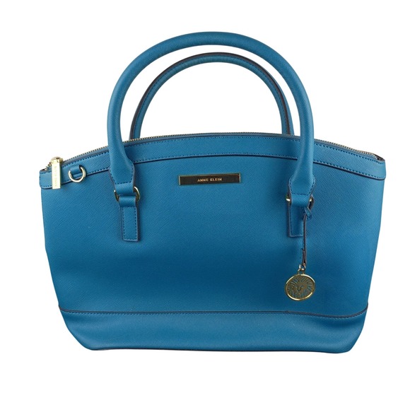 Anne Klein Handbags - Anne Klein Blue Saffiano Satchel Handbag Gold Hardware Polka Dot Lining